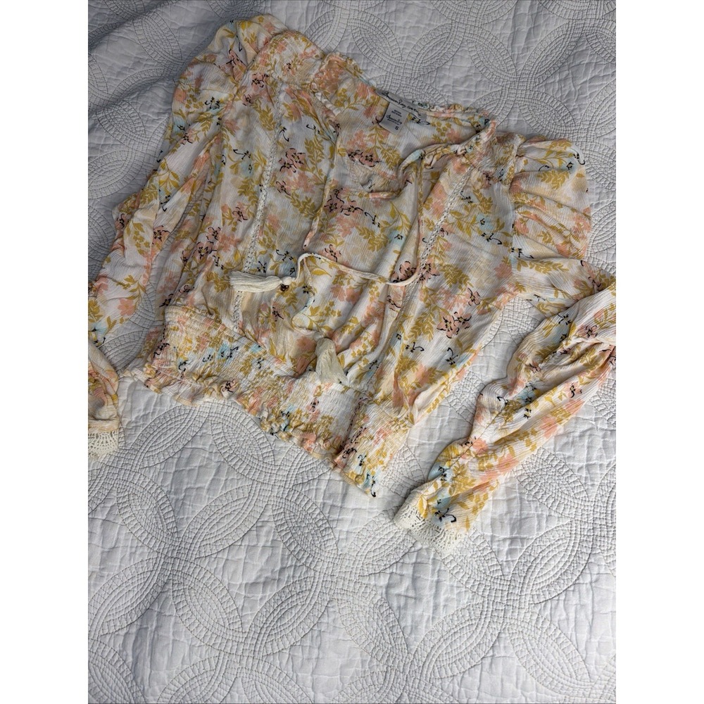 American Rag Cie Cream Floral Boho Smocked Waist Peasant Blouse Size Small